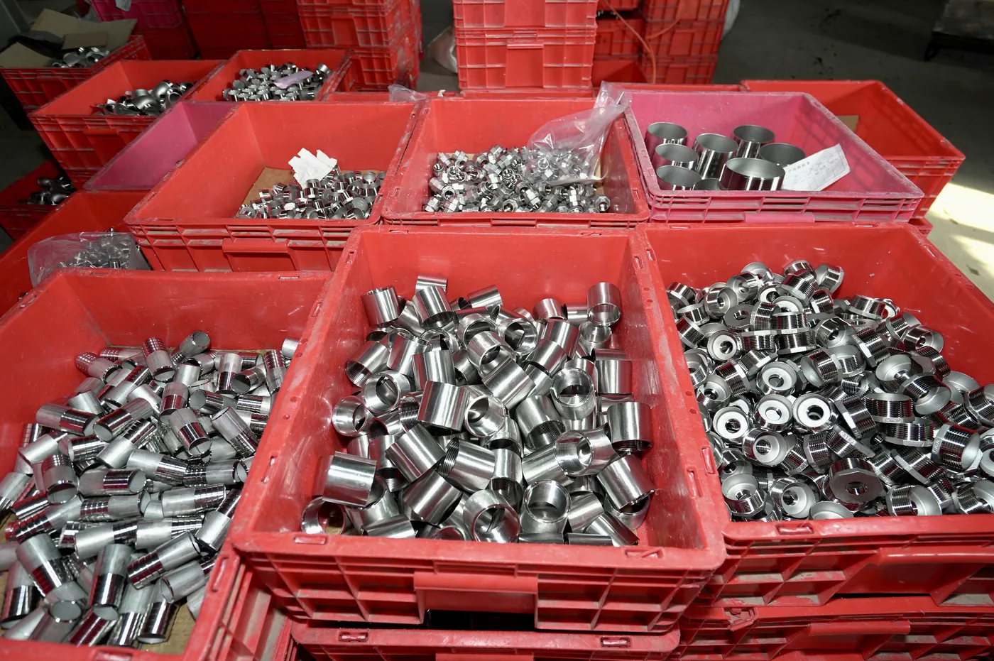 Finished stainless camlock fittings prepared for inspection and packing
